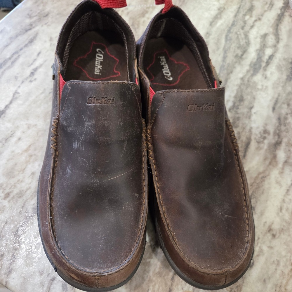 OluKai Nai WP Mens Brown Leather Waterproof Slip On Loafers 10336-1R63 Size 10.5